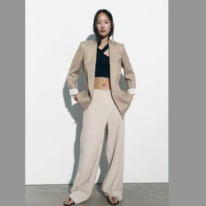 Zara Women's Linen Blazer, ruched sleeves and shoulder pads